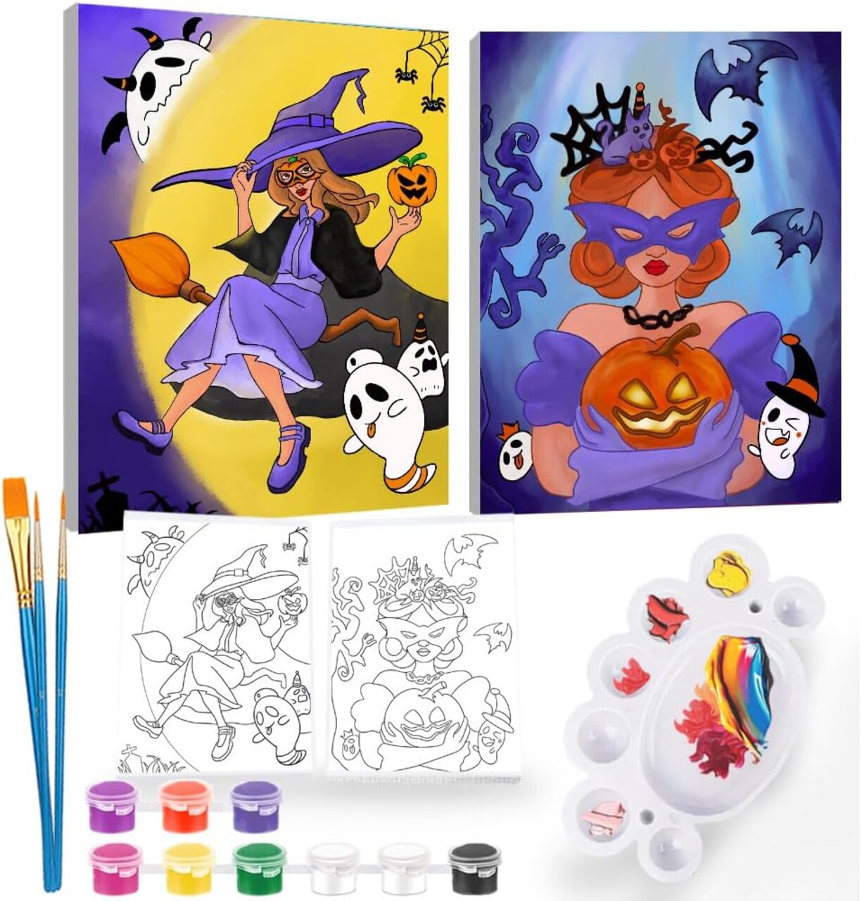 2 Pcs Paint and Sip Kit - 8×10 Pre Drawn Canvas (Halloween Girls)